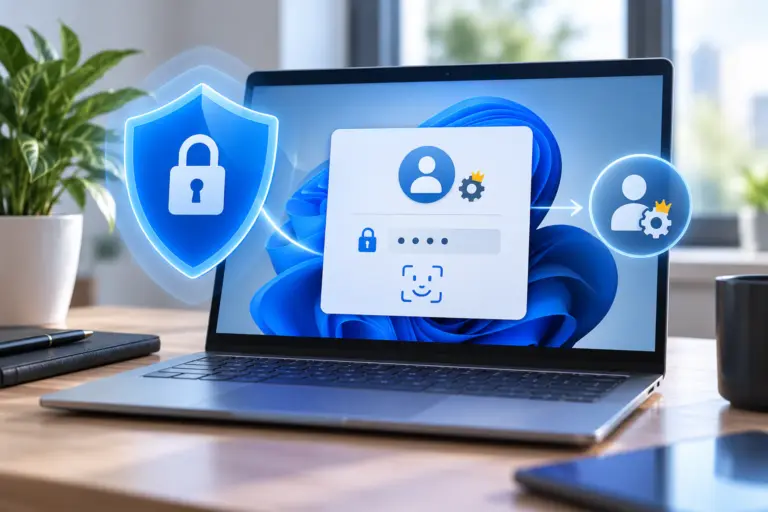 Illustration zum Administrator Protection Schutz in Windows 11 mit Windows Hello und geschützten Administratorrechten