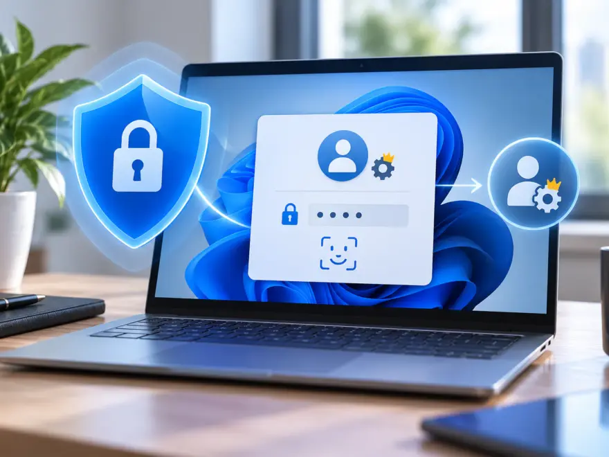 Illustration zum Administrator Protection Schutz in Windows 11 mit Windows Hello und geschützten Administratorrechten