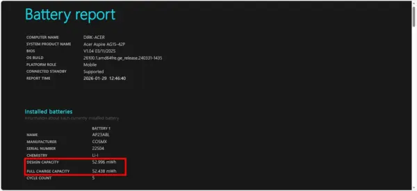Akkuzustand mit dem Windows-Akkubericht prüfen Akkubericht mit Design Capacity und Full Charge Capacity