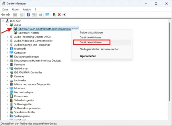 Akkutreiber unter Windows 11 prüfen Akkutreiber im Geräte-Manager von Windows 11