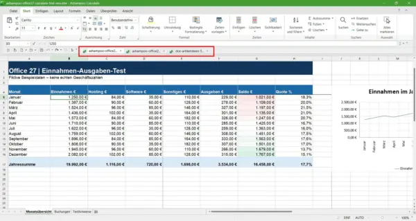 Ashampoo Calculate 27 mit mehreren geöffneten Dateien in Registerkarten
