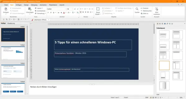 Ashampoo Present 27 mit geöffneter PowerPoint-Testpräsentation