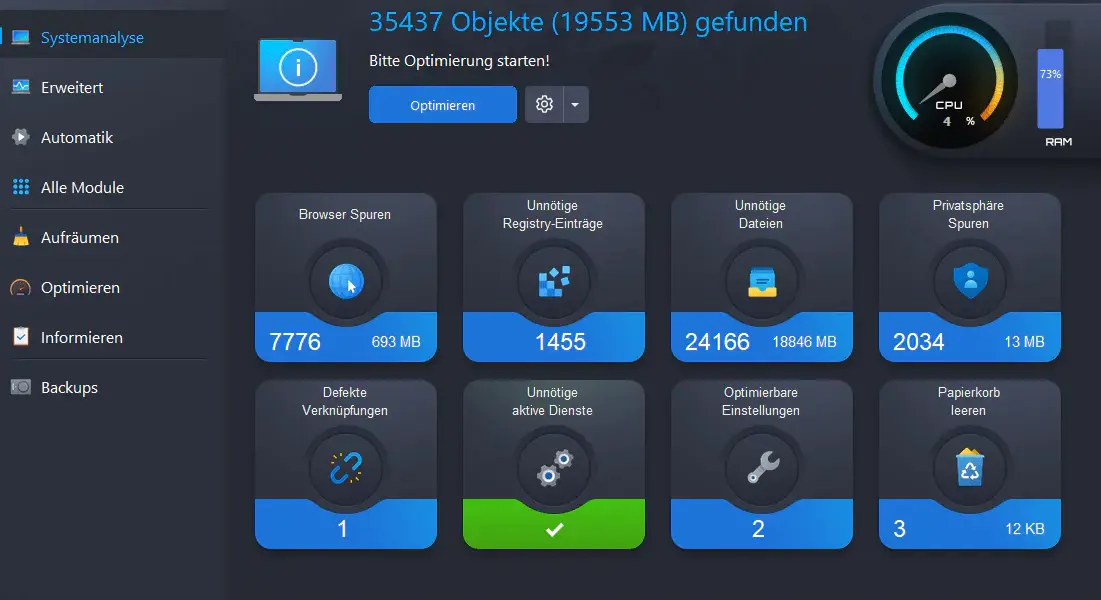 Ashampoo WinOptimizer 28 mit Ergebnissen der Windows-Systemanalyse