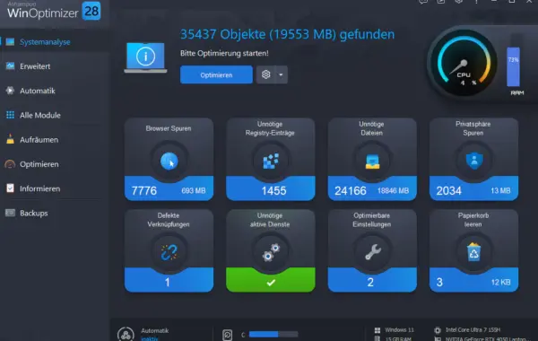 Ashampoo WinOptimizer 28 mit Ergebnissen der Windows-Systemanalyse