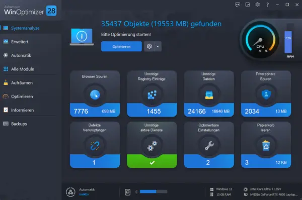Ashampoo WinOptimizer 28 mit Ergebnissen der Windows-Systemanalyse