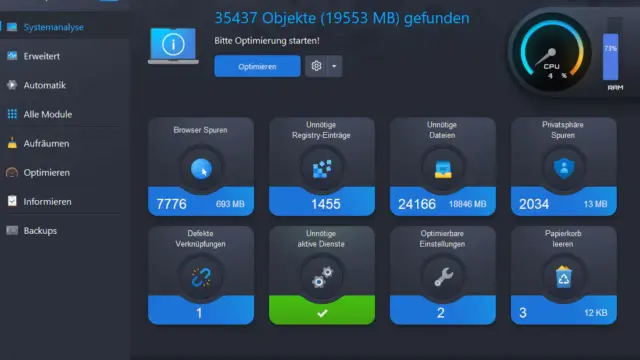 Ashampoo WinOptimizer 28 mit Ergebnissen der Windows-Systemanalyse