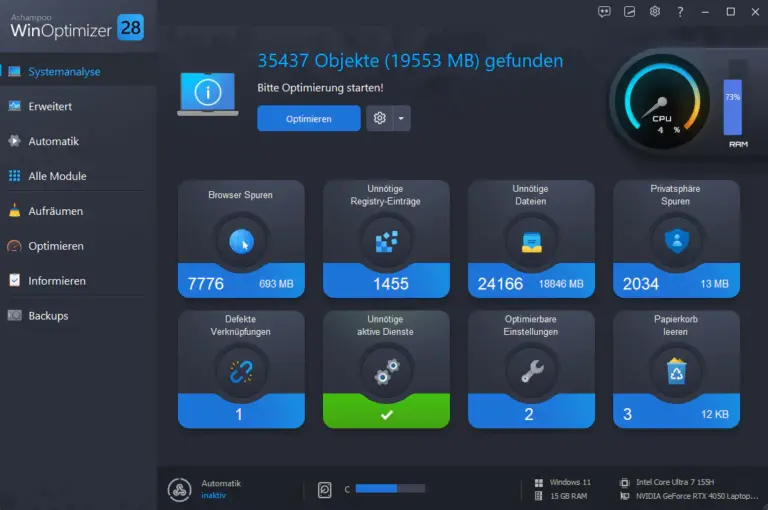 Ashampoo WinOptimizer 28 mit Ergebnissen der Windows-Systemanalyse