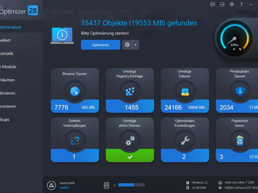 Ashampoo WinOptimizer 28 mit Ergebnissen der Windows-Systemanalyse