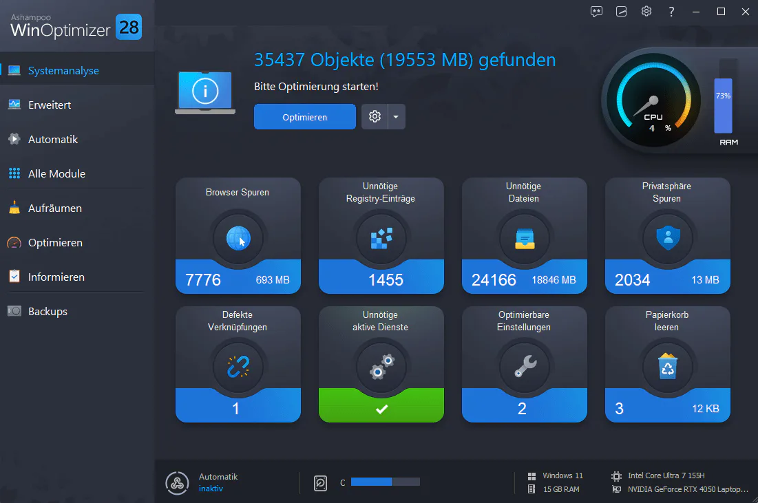 Ashampoo WinOptimizer 28 mit Ergebnissen der Windows-Systemanalyse