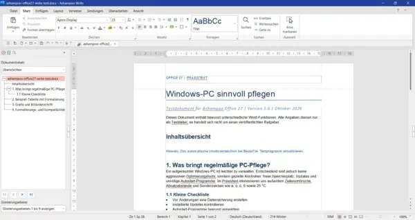 Ashampoo Office 27 Write mit geöffneter DOCX-Testdatei und Dokumentgliederung