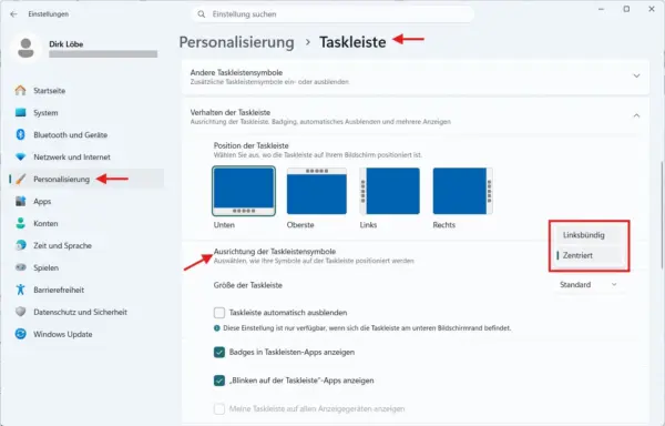 Taskleistensymbole in Windows 11 linksbündig oder zentriert ausrichten