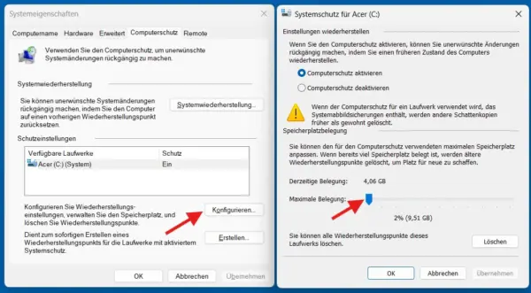 Speicherplatz für Windows-Wiederherstellungspunkte prüfen Speicherplatzbelegung für Wiederherstellungspunkte unter Windows 11
