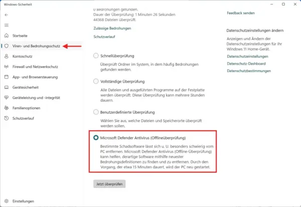 Microsoft Defender Offlineüberprüfung in Windows 11 auswählen