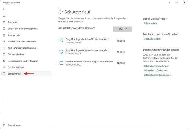 Schutzverlauf von Microsoft Defender unter Windows 11