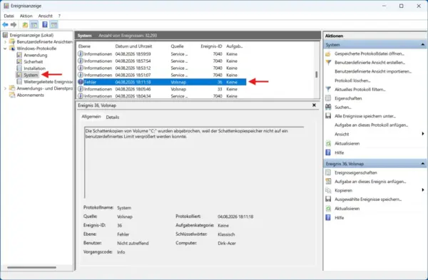 Windows 11 Ereignisanzeige mit markiertem Systemfehler