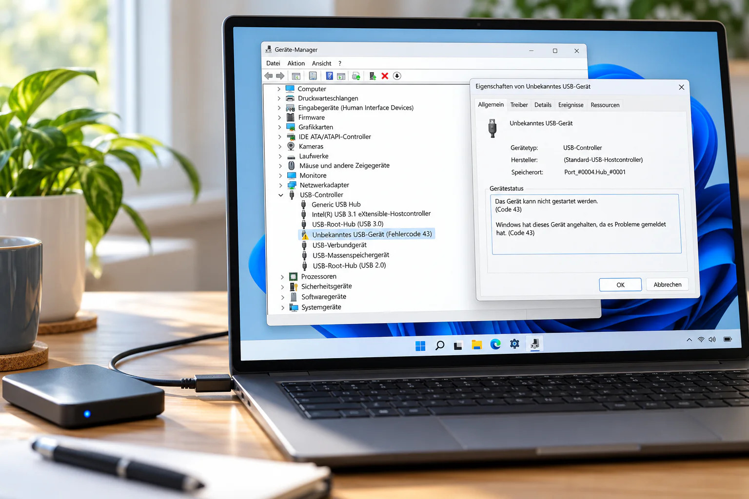 Fehlercode 43 im Geräte-Manager unter Windows 11 bei einem USB-Gerät