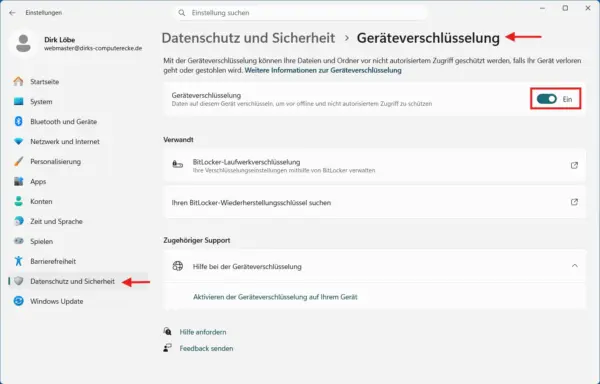 Geräteverschlüsselung in den Sicherheitseinstellungen von Windows 11