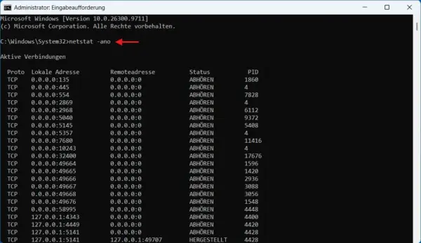 Windows 11 Eingabeaufforderung mit netstat -ano zur Anzeige belegter Netzwerkports und Prozess-IDs