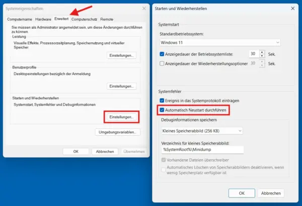 Automatischen Neustart bei Systemfehlern in Windows 11 deaktivieren