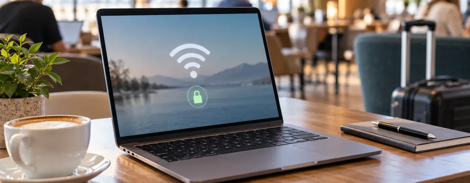 Notebook bei der Nutzung eines öffentlichen WLANs