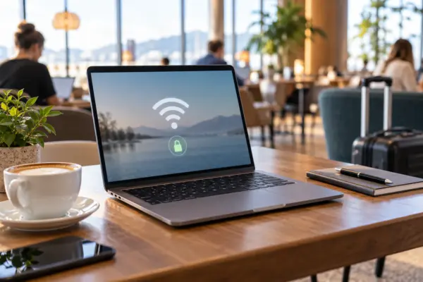 Notebook bei der Nutzung eines öffentlichen WLANs