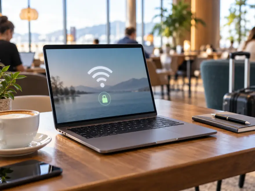 Notebook bei der Nutzung eines öffentlichen WLANs