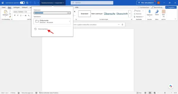 Versionsverlauf in Microsoft Word über OneDrive öffnen Word-Versionsverlauf für ein in OneDrive gespeichertes Dokument öffnen