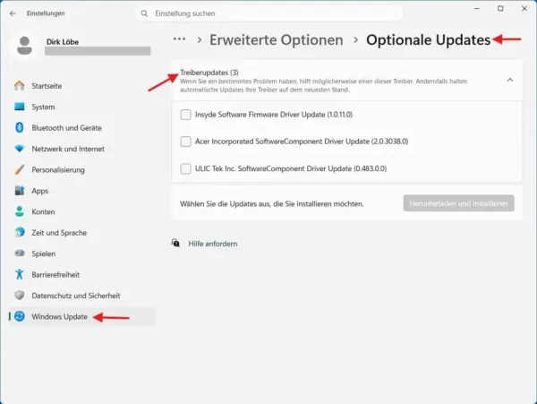 Optionale Treiberupdates in den Einstellungen von Windows 11