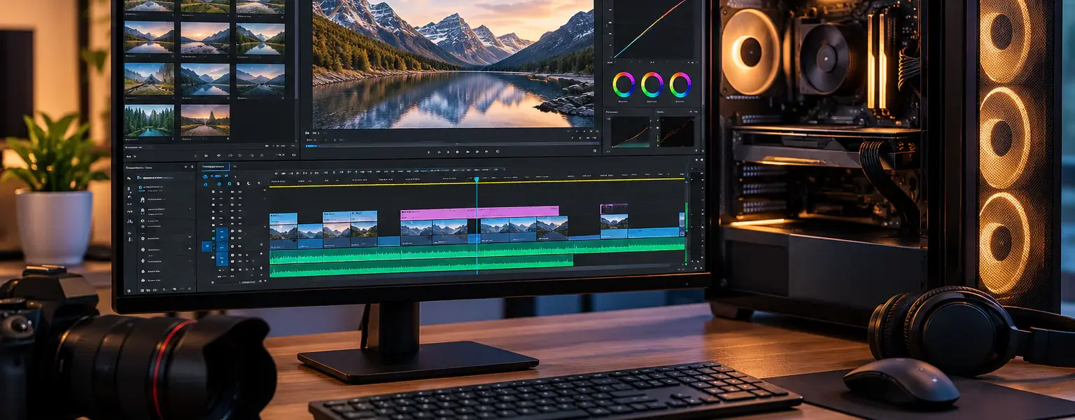 PC für Videobearbeitung mit Videoschnittsoftware auf dem Monitor