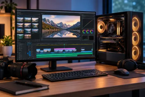 PC für Videobearbeitung mit Videoschnittsoftware auf dem Monitor