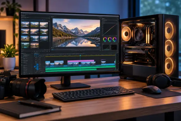 PC für Videobearbeitung mit Videoschnittsoftware auf dem Monitor