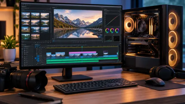 PC für Videobearbeitung mit Videoschnittsoftware auf dem Monitor
