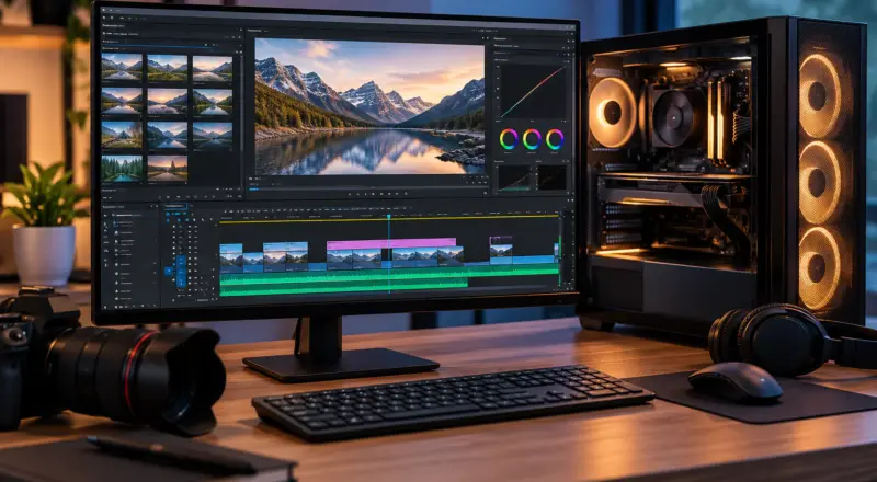 PC für Videobearbeitung mit Videoschnittsoftware auf dem Monitor