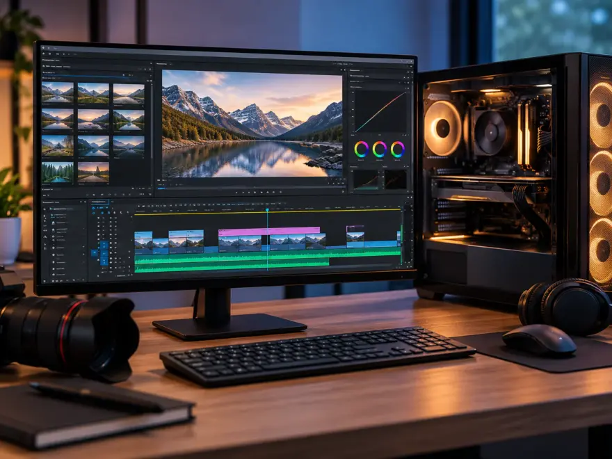 PC für Videobearbeitung mit Videoschnittsoftware auf dem Monitor