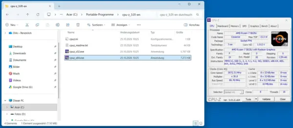 CPU-Z als portable Software ohne Installation unter Windows 11 starten