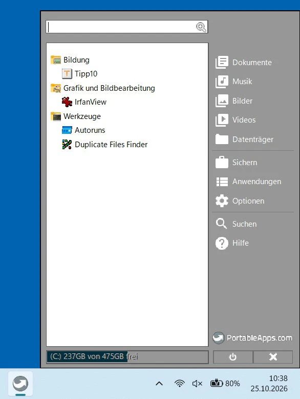PortableApps-Menü zur Verwaltung portabler Programme unter Windows 11