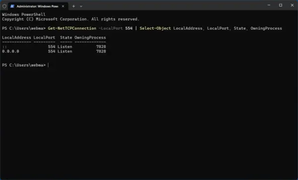 PowerShell zeigt unter Windows 11 einen belegten Port mit Status und Prozess-ID an