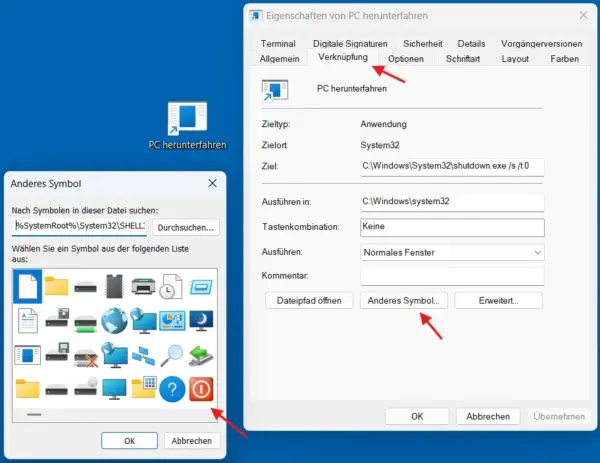 Ein/Aus-Symbol für die Herunterfahren-Verknüpfung unter Windows 11 auswählen