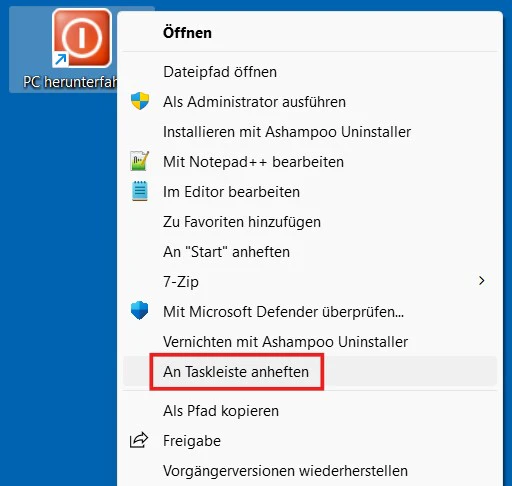 Windows 11: Ausschaltknopf über das Kontextmenü an die Taskleiste anheften