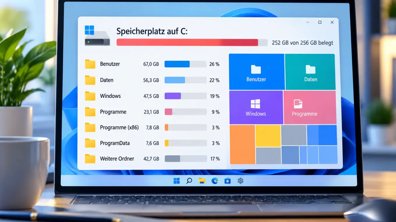 Windows 11 zeigt die Speicherplatzbelegung von Laufwerk C und die größten Speicherfresser