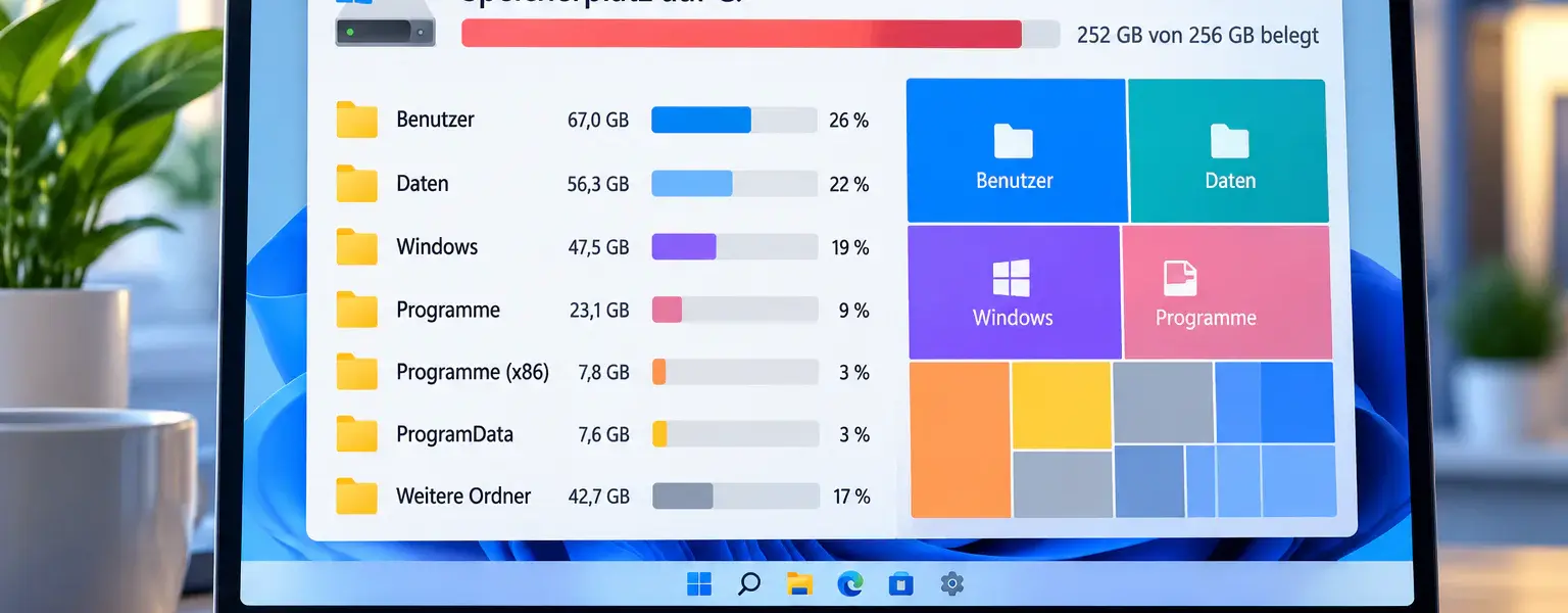 Windows 11 zeigt die Speicherplatzbelegung von Laufwerk C und die größten Speicherfresser