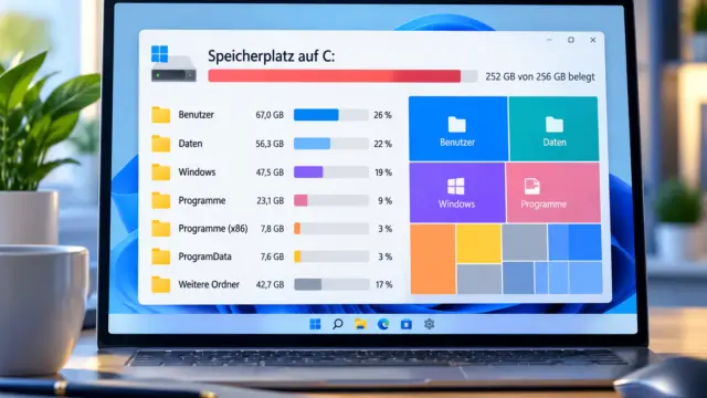Windows 11 zeigt die Speicherplatzbelegung von Laufwerk C und die größten Speicherfresser