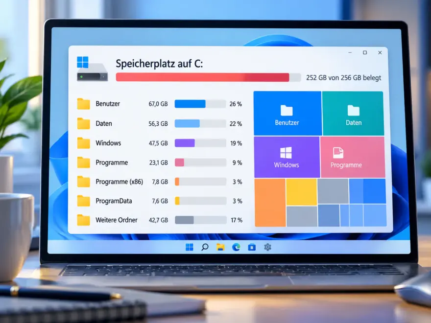 Windows 11 zeigt die Speicherplatzbelegung von Laufwerk C und die größten Speicherfresser