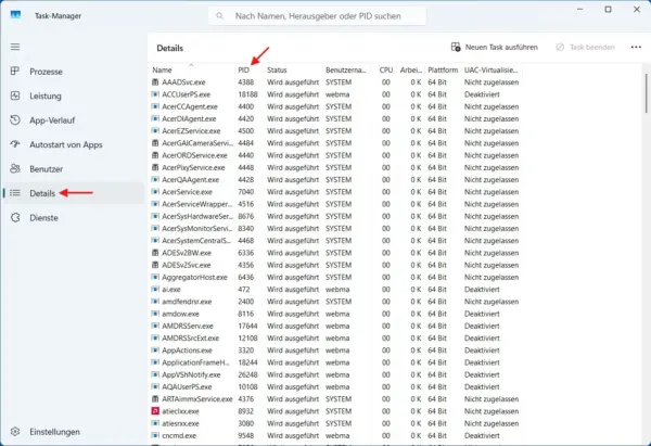 Windows 11 Task-Manager mit markiertem Bereich Details und PID-Spalte