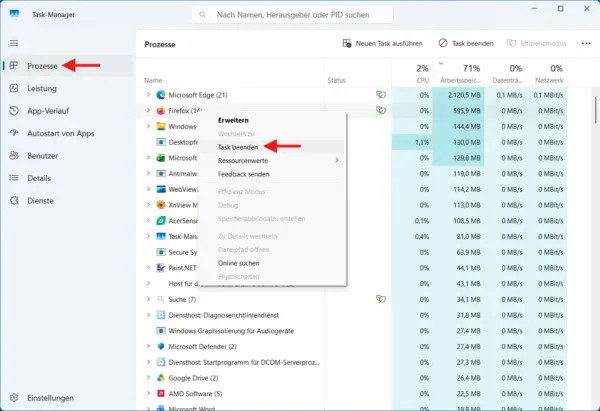 Hängendes Programm im Windows 11 Task-Manager beenden