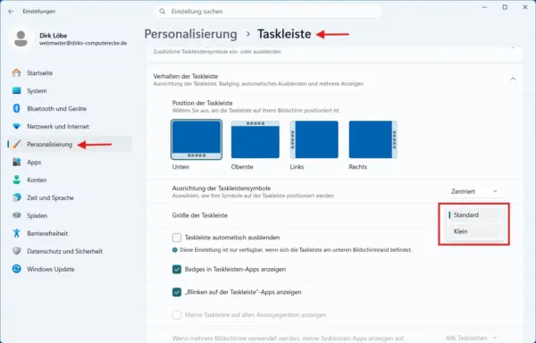 Taskleistengröße in Windows 11 zwischen Standard und Klein ändern