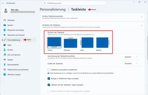 Position der Taskleiste in Windows 11 ändern