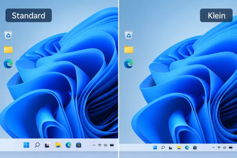 Windows 11 Taskleiste in normaler und kleiner Größe im Vergleich