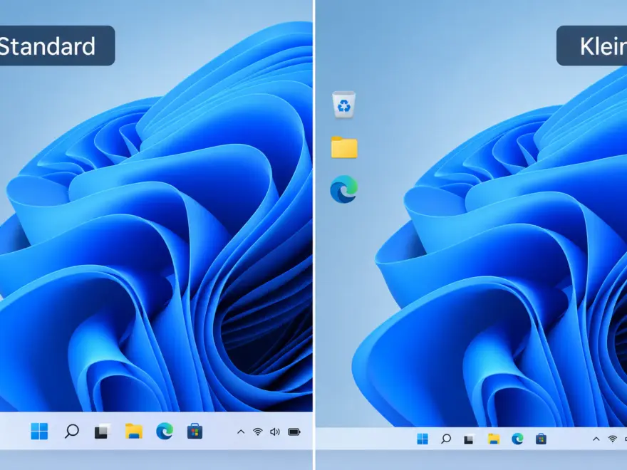 Windows 11 Taskleiste in normaler und kleiner Größe im Vergleich