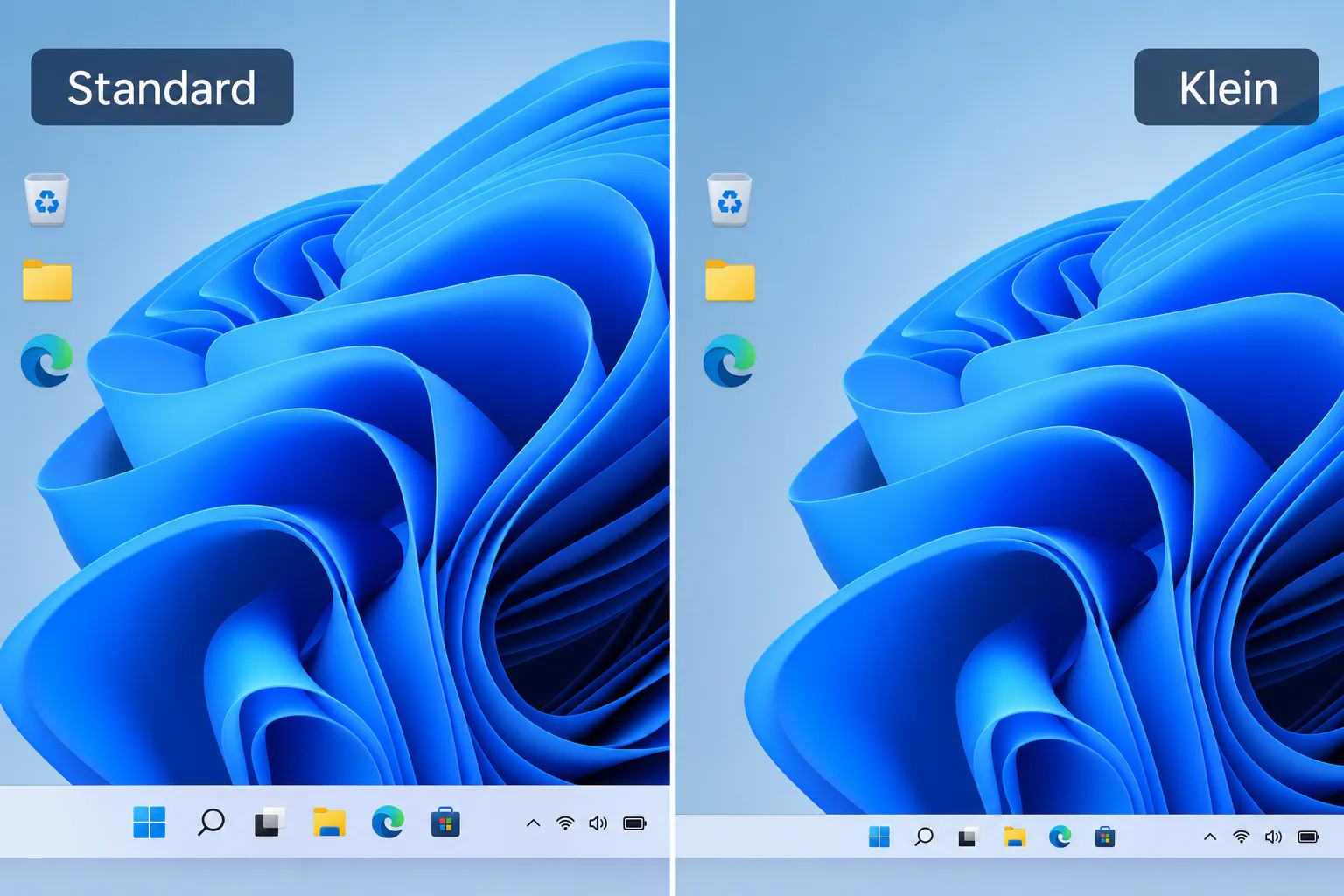 Windows 11 Taskleiste in normaler und kleiner Größe im Vergleich